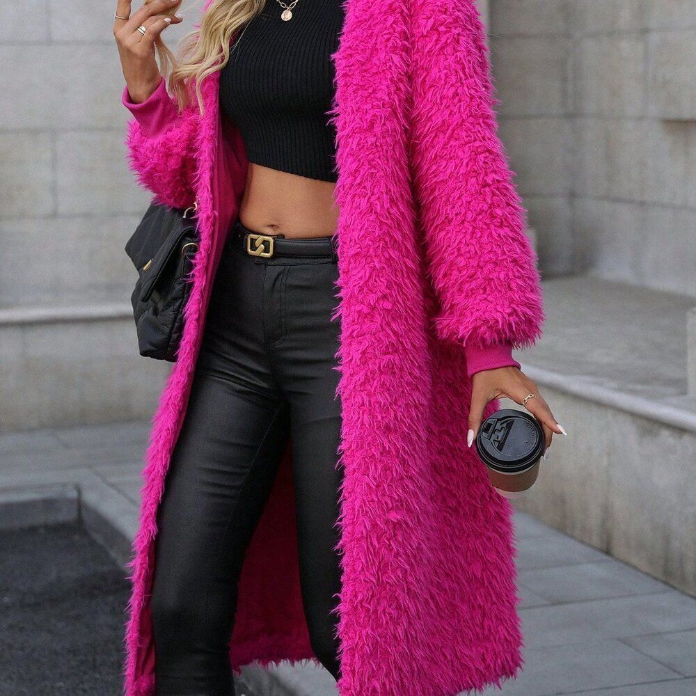 Hot Pink Casual Women's Mid-Length Faux Mink Fur Coat - Picture 5 of 6